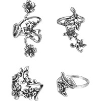 Yellow Chimes Oxidised Rings for Women 4 Pcs Ring Set Boho Vintage Leaves & Rose Floral Shaped Oxidised Silver Plated Rings For Women and Girls.