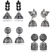 Yellow Chimes Earrings for Women and Girls | Traditional Silver Oxidised Jhumka | German Silver Earring Set | Floral Jhumki Earrings Combo | Accessories Jewellery for Women | Birthday Gift For Girls and Women Anniversary Gift for Wife