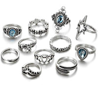 Yellow Chimes Crystal Oxidized Silver Plated Brass Boho Vintage Style Midi Finger Knuckle Rings Set for Women and Girls (Combo of 11 Pcs/Set)