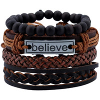 Yellow Chimes 4pcs Inspirational Message Believe Unisex Multi Strand Bracelet for Men (Brown, Black) (YCFJBR-106BELIV-BR)