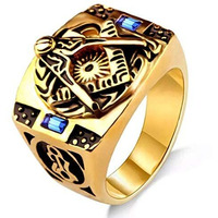 Yellow Chimes Rings for Men Antique AG Masonic Logo Religious Freemason Symbol with Blue Stone Stainless Steel Ring for Men & Boys