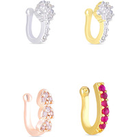 Yellow Chimes Nose Pins for Women Set of 4 Nose Rings Gold Silver Plated Traditional American Diamond Clip-On Nose Pins for Women and Girls.