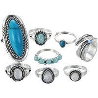 Yellow Chimes Rings for Women and Girls Fashion Aesthetic Blue Ring Set Oxidised Silver Toned Aesthetic Rings Turquoise Stone Midi Finger 8 PCS Knuckle Rings Set | Birthday Gift For Girls & Women