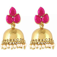 Yellow Chimes Earrings for Women and Girls | Traditional Pink Studded Stone Jhumka Earrings | Gold Plated | Leaf Shaped Jhumki | Accessories Jewellery for Women | Birthday Gift for girls and women Anniversary Gift for Wife