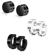 Yellow Chimes Earrings for Men and Boys Black Non Piercing Stud Earrings for Men | 3 Pairs Stainless Steel Stud Hoop Magnetic Earrings for Boys | Birthday Gift for Men & Boys Anniversary Gift for Husband