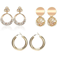 Yellow Chimes Drop Earrings for Women 3 Pairs Combo Golden Earrings Geometric Shapes Gold Plated Hoop Earrings for Women and Girls