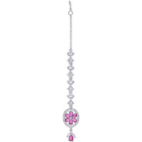 Yellow Chimes American Diamond Maang Tikka for Women Rhodium Plated Crystal Pink High Grade Authentic AD Jewellery Maang Tikka for Women and Girls