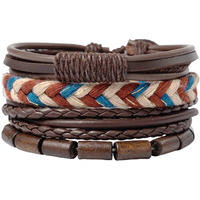 Yellow Chimes Leather Bracelet for Men 4 Pcs Combo PU Leather Brown Wrap Bracelet for Men and Women.