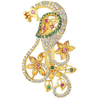 Yellow Chimes Brooch for Women Classic AD/American Diamond Brooch Pin Peacock Design Gold Plated Bridal Saree Pin for Women and Girls