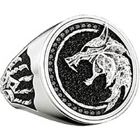 Yellow Chimes Rings for Men Stainless Steel Men Ring Viking Ring Wizard Warrior Hunter Wolf Head Silver Ring for Men and Boys