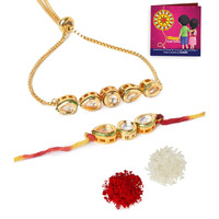 Yellow Chimes Rakhi for Brother and Bhabhi Gold Plated Kundan Bhaiya Bhabhi Rakhi Set Handmade Dori Worked Rakhi Combo of 2 PCs Men Rakhi Bracelet With Roli & Chawal