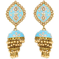 Yellow Chimes Ethnic Gold Plated Traditional Blue Meenakari Flower Design Golden Beads Jhumka Earrings for Women and Girls, Medium (YCTJER-104MNKJHK-BL)