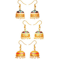 Yellow Chimes Meenakari Jumka Earrings with Ethnic Design Gold Plated Traditional Beads Combo of 3 pair for Women and Girls