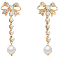 Yellow Chimes Crystal Dangler Earrings for Women | Bow Shaped Earrings for Girls | White Pearl Crystal Fashion Women Earrings | Gold Plated Danglers Birthday Gift For Girls Anniversary Gift for Wife
