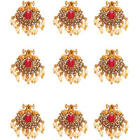Yellow Chimes Jadai Billai for Women 9 Pcs Gold Plated Red Crystal Studded Beads Drop Choti Jadai Billai Hair Pin Bridal Hair Brooch Hair Jewellery for Women and Girls