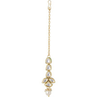Yellow Chimes Maangtikka for Women Gold Toned Kundan Studded Floral Designed White Beads Drop Maangtikka for Women and Girls