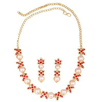 Gehena By Estele Gold Plated Blossom Pearl Designer Necklace Set With Ruby Crystals For Girls and Women