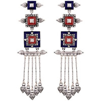 Voylla Brass Silver Oxidised Mandala Layered Square Design Tassels Earrings for Women and Girls