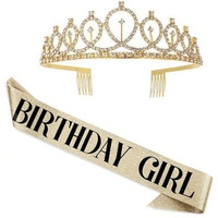 YouBella Jewellery Stylish Birthday Sash and Crown - Pack of 2 Pcs | Birthday Girl Crown | Birthday Gifts for Best Friend/Sister (YBHAIR_41726) (Golden)