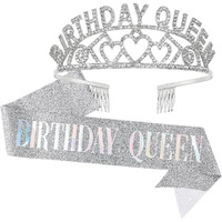 Shining Diva Fashion Latest Birthday Sash and Crown for Girls Decorations Items Birthday Gifts for Girls Women Kids Sister Best Friend 10, 15, 16, 12, 18, 20, 8 + years Teenager (Silver) (15419hb)