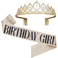 Shining Diva Fashion Latest Birthday Sash and Crown for Girls Birthday Decorations Items Gifts for Girls Women Kids Sister Best Friend 10, 15, 16, 12, 18, 20 years Teenager (Gold) (14859hb)
