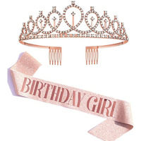 Shining Diva Fashion Latest Birthday Sash and Crown for Girls Decorations Items Birthday Gifts for Girls Women Kids Sister Best Friend 10, 15, 16, 12, 18, 20, 8 + years Teenager (Rose Gold) (14860hb)