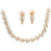 ZENEME Rhodium Plated Silver Toned White American Diamond Studded Flower Shaped Jewellery Set For Girls and Women (Amber)