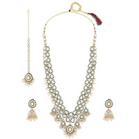 ZAVERI PEARLS Green Meenakari Kundan Bridal Long Dazzling Necklace Earring Maangtikka Set For Women-ZPFK17761