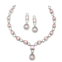 ZENEME Rhodium-Plated American Diamond Studded Fashionable Necklace With Earrings Jewellery Set For Girls and Women (Pink)