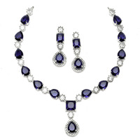 ZENEME Rhodium-Plated American Diamond Studded Fashionable Necklace With Earrings Jewellery Set For Girls and Women (Navy Blue)