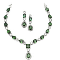 ZENEME Rhodium-Plated American Diamond Studded Fashionable Necklace With Earrings Jewellery Set For Girls and Women (Green)