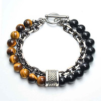 Fashion Frill Stylish Boys Bracelet Stainless Steel Brown Beads Silver Chain Bracelet For Men Boys Mens Jewellery Bracelets Mens Accessories