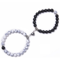 Fashion Frill Stylish Couple Bracelets Black & White Natural Stone Onyx Stretchable Wrist Band Heart Magnetic Bracelet For Women Men Boys Girls Love Gifts Friendship Bracelets