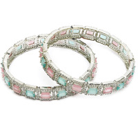 ZENEME Rhodium-Plated Silver Toned American Diamond Square Shaped studded Bangle Jewellery Set for Girls and Women (Set Of 2) (Design 05, 2.4)