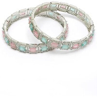 ZENEME Rhodium-Plated Silver Toned American Diamond Square Shaped studded Bangle Jewellery Set for Girls and Women (Set Of 2) (Design 05, 2.8)
