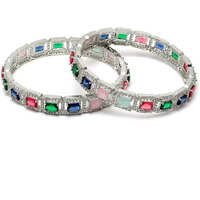 ZENEME Rhodium-Plated Silver Toned American Diamond Square Shaped studded Bangle Jewellery Set for Girls and Women (Set Of 2) (Design_02, 2.8)