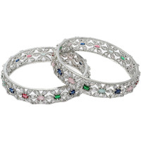 ZENEME Rhodium-Plated Silver Toned American Diamond Square Shaped studded Bangle Jewellery Set for Girls and Women (Set Of 2) (Design_03, 2.4)