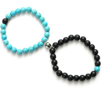 Fashion Frill Couple Bracelets Aqua & Black Natural Stone Onyx Stretchable Magnetic Bracelet For Women Men Boys Girls Love Gifts Friendship Promise Bracelets Jewellery