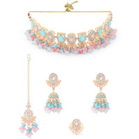 ZAVERI PEARLS Turquoise Blue Pink Stones Beads Choker Necklace Earring Maangtikka Ring Set For Women -ZPFK16166