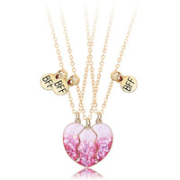 ZIBUYU Best Friend Necklace for Girls Stylish Heart Pendants for Best Friend Gift Necklace for 3 Girls Friendship Pendant for Girls Matching Heart BFF Necklace for Friendship, Sisters, (Pink) - 3 Pcs