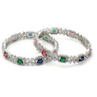 ZENEME Rhodium-Plated Silver Toned American Diamond Square Shaped studded Bangle Jewellery Set for Girls and Women (Set Of 2) (Design_04, 2.8)