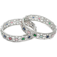 ZENEME Rhodium-Plated Silver Toned American Diamond Square Shaped studded Bangle Jewellery Set for Girls and Women (Set Of 2) (Design_03, 2.8)