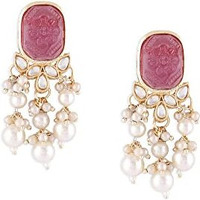 Zaveri Pearls Wine Color Stone Kundan Pearls Layer Yellow Gold Drop Earring For Women-ZPFK15441