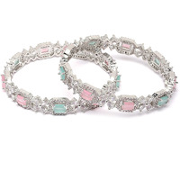 ZENEME Rhodium-Plated Silver Toned American Diamond Square Shaped studded Bangle Jewellery Set for Girls and Women (Set Of 2) (Design_01, 2.6)