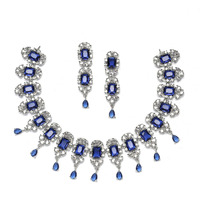 ZENEME Rhodium Plated Square Shaped Silver Toned American Diamond Stone Studded Necklace With Earring Jewellery Set For Women and Girl (Navy Blue)