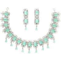 ZENEME Rhodium Plated Square Shaped Silver Toned American Diamond Stone Studded Necklace With Earring Jewellery Set For Women and Girl (Sea Green)
