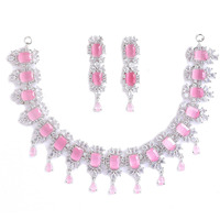 ZENEME Rhodium Plated Square Shaped Silver Toned American Diamond Stone Studded Necklace With Earring Jewellery Set For Women and Girl (Pink)