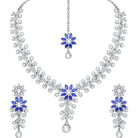 Atasi International Silver Tone Blue & White Crystals Rhodium Plated Alloy Choker Necklace Set For Women