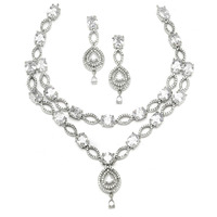 ZENEME Rhodium-Plated American Diamond Studded Abstract Necklace With Earrings Jewellery Set For Girls and Women (White)