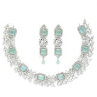 ZENEME Rhodium-Plated with Silver-Toned Sea Green and White American Diamond Studded Necklace and Earrings Jewellery Set (Sea Green) For Women